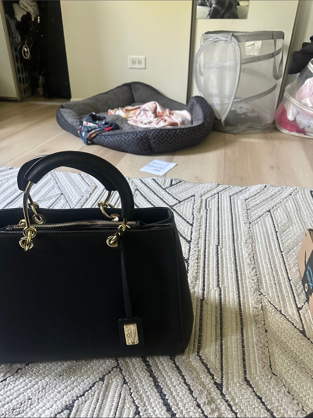 Structured Black Satchel with Gold Accent Hardware